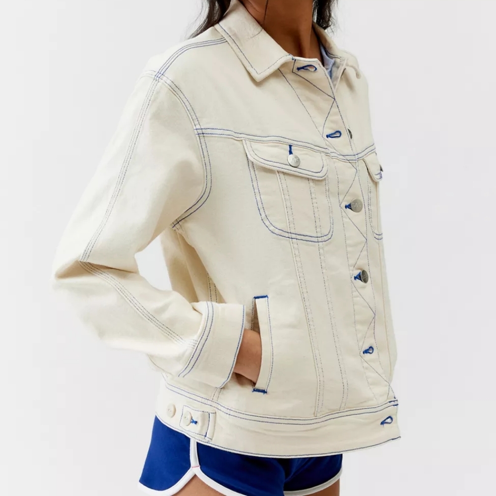 Lee Women's Rider Loose-Fit Denim Jacket White Navy Topstitched Sz M BNWT